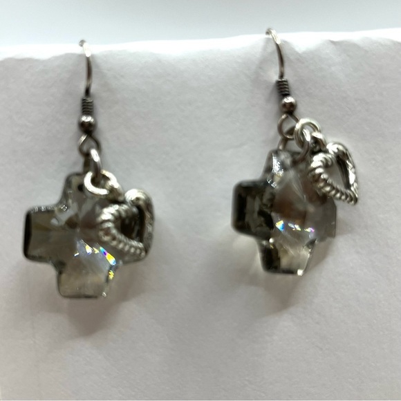 Brighton Crystal Karma Cross Earrings with Heart Charms Silver Plated Dangle - Picture 11 of 12
